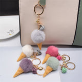 Fashion Cute Mini Ice Cream Keychains Keyring With Tassel Student Fluffy Pom Pom Velvet Plush
