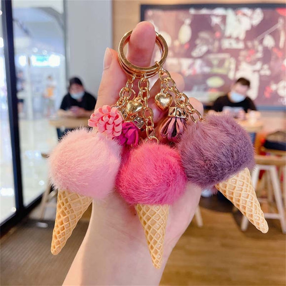 Fashion Cute Mini Ice Cream Keychains Keyring With Tassel Student Fluffy Pom Pom Velvet Plush