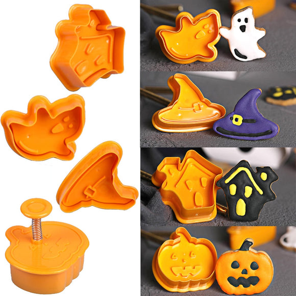 4pcs Halloween Pumpkin Ghost Theme Plastic Cookie Cutter Plunger