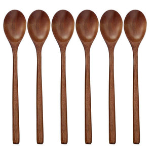 6 Wooden Spoons Set - Soup Eating Mixing Stirring Cooking Long Handle Spoon Japanese Style