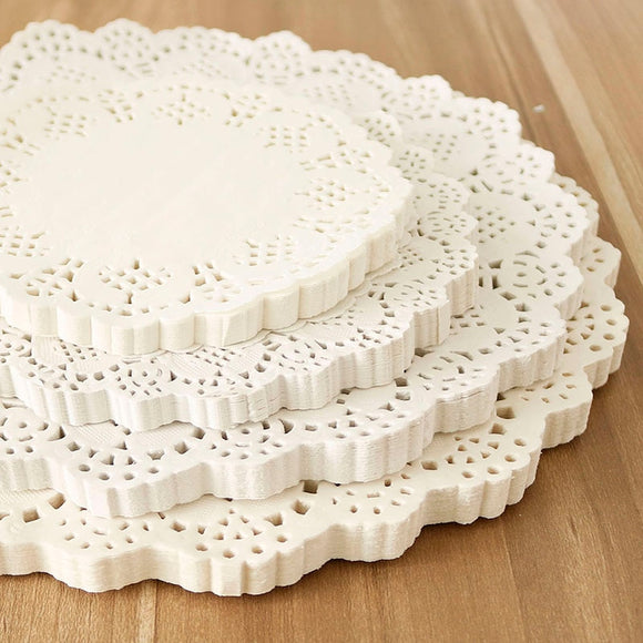 100pcs Multi Size Round / Heart Paper Lace Table Doilies White Decorative Tableware